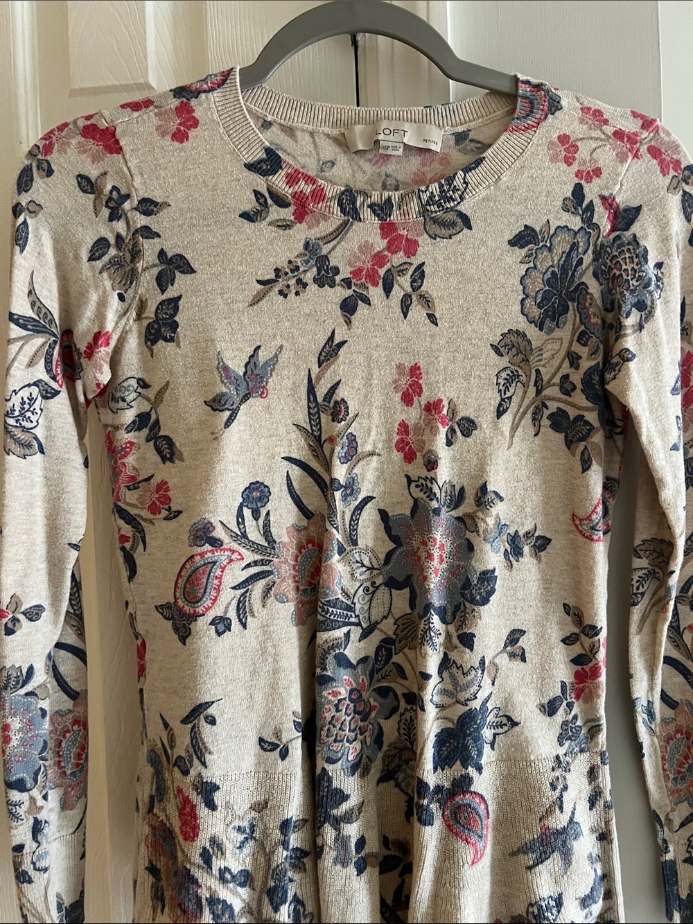 LOFT Beige Long-Sleeve Crewneck with Navy & Pink Floral Print